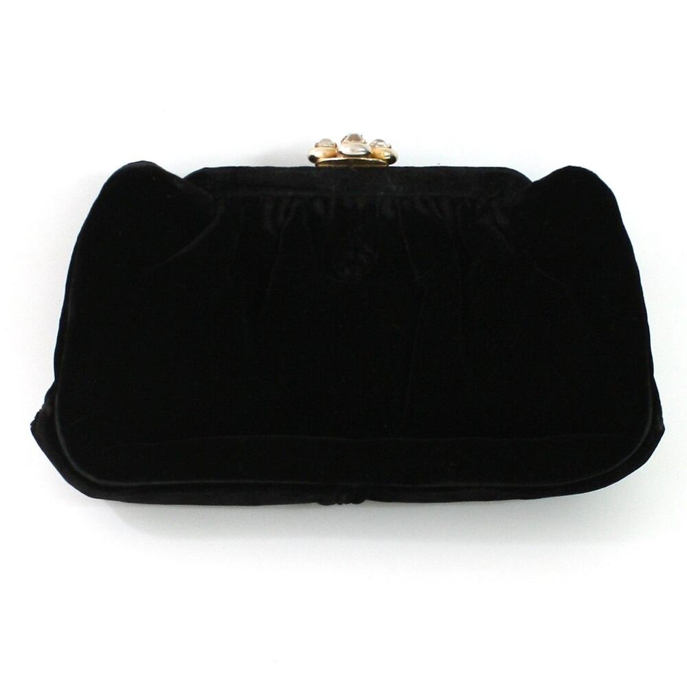 Vintage 60s Magid Black Velvet Rhinestone Clutch Evening Bag
